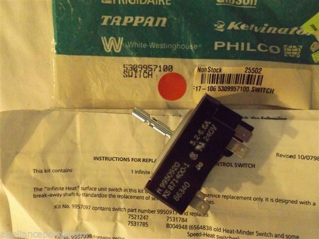FRIGIDAIRE STOVE 5309957100 SURFACE ELEMENT SWITCH NEW IN BAG FRIGIDAIRE STOVE 5309957100 SURFACE ELEMENT SWITCH NEW IN BAG